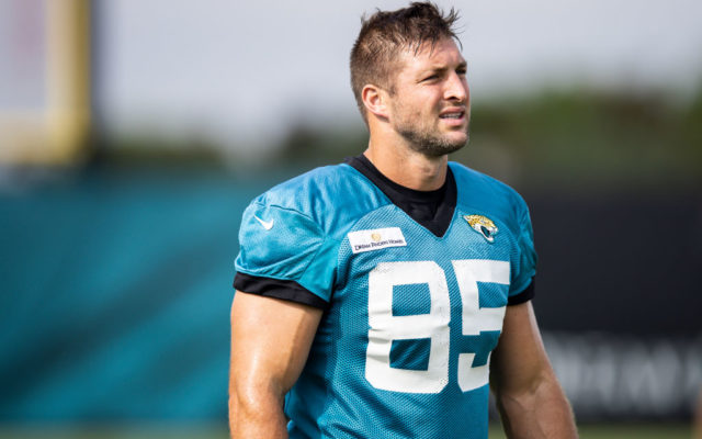 Tim Tebow #85 of the Jacksonville Jaguars looks on during Training Camp at TIAA Bank Field on July 30, 2021 in Jacksonville, Florida.